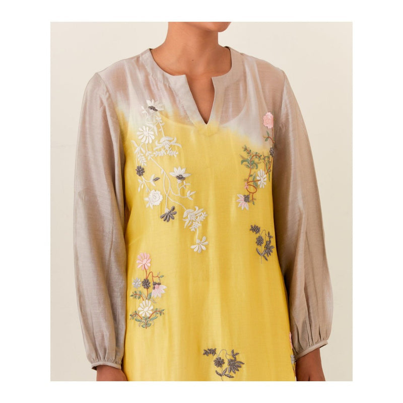 PRAMA By Pratima Pandey Floral Chanderi Grey & Yellow Kurta with Inner (Set of 2)