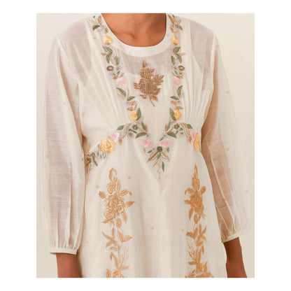 PRAMA By Pratima Pandey Floral Chanderi Ivory Kurta with Inner (Set of 2)