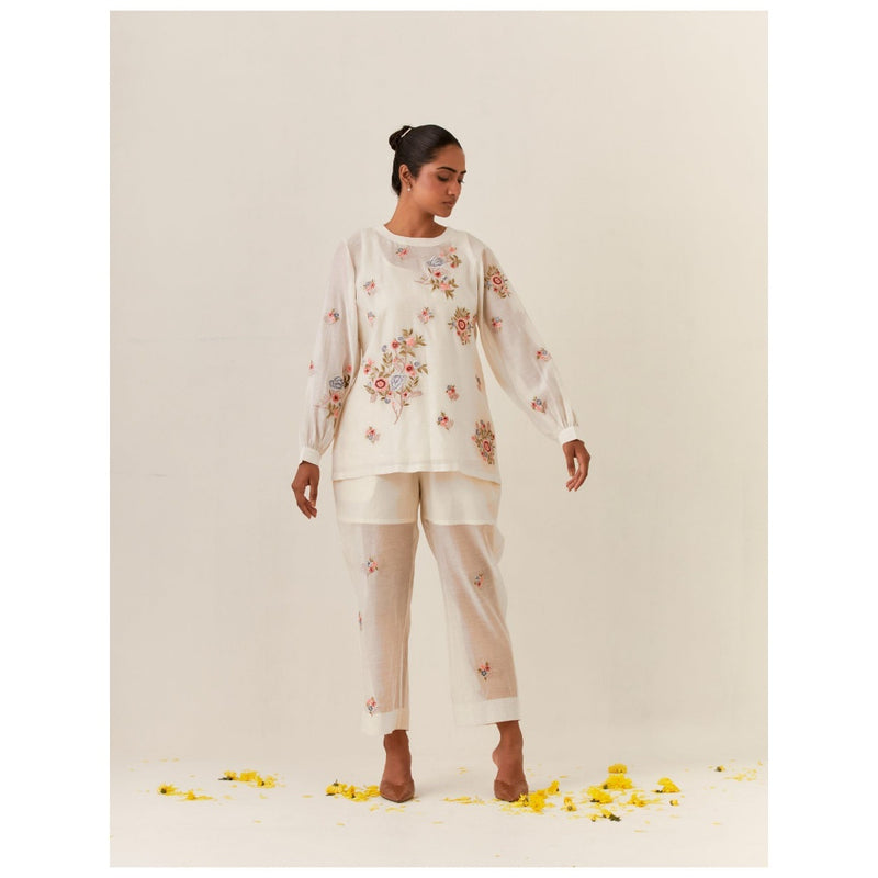 PRAMA By Pratima Pandey Floral Chanderi Ivory Co-Ord (Set of 3)