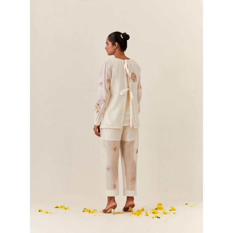 PRAMA By Pratima Pandey Floral Chanderi Ivory Co-Ord (Set of 3)