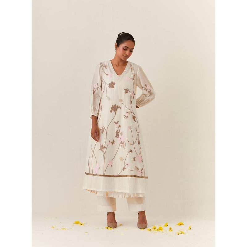 PRAMA By Pratima Pandey Floral Chanderi Ivory Kurta with Inner & Pant (Set of 3)