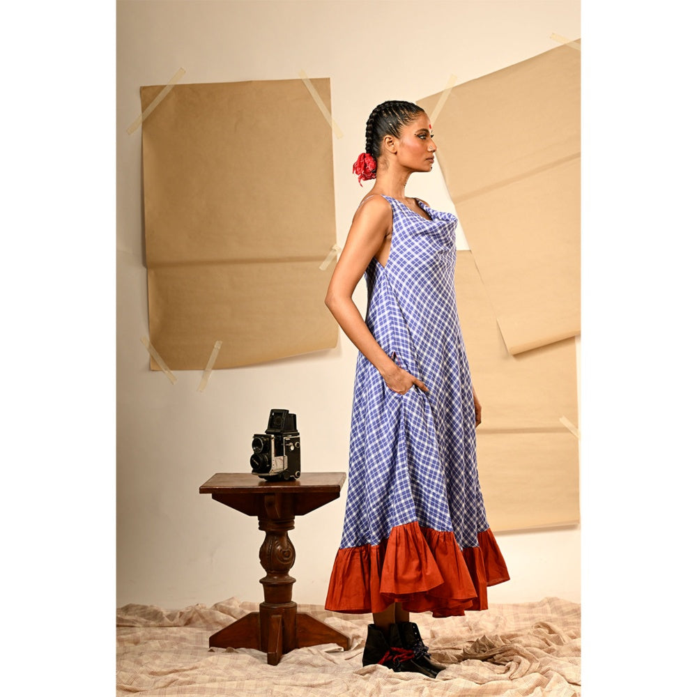 PRATHAA Blue Spaghetti Cowl Dress