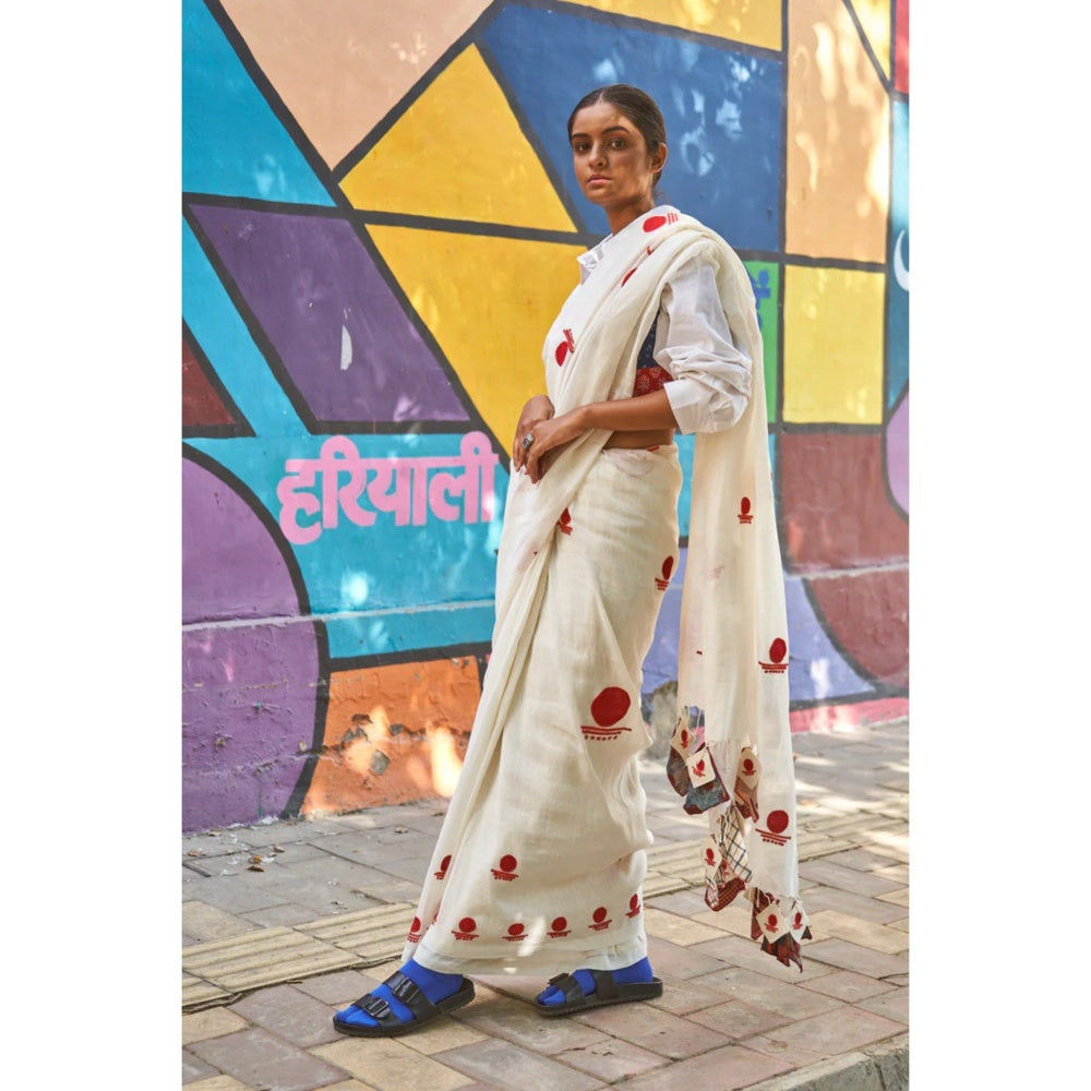 PRATHAA Ivory Bindi Saree with Unstitched Blouse - Linen