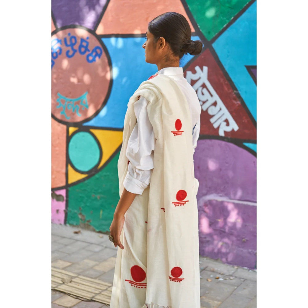 PRATHAA Ivory Bindi Saree with Unstitched Blouse - Linen