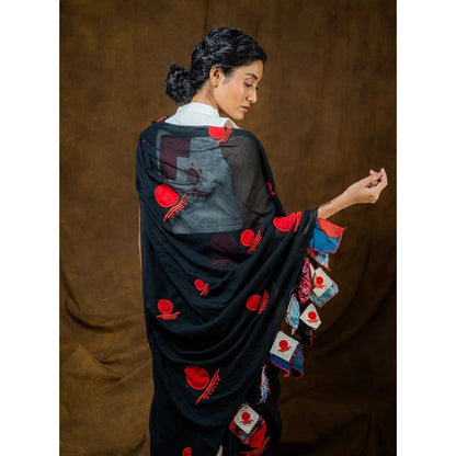 PRATHAA Black Bindi Saree with Unstitched Blouse - Linen