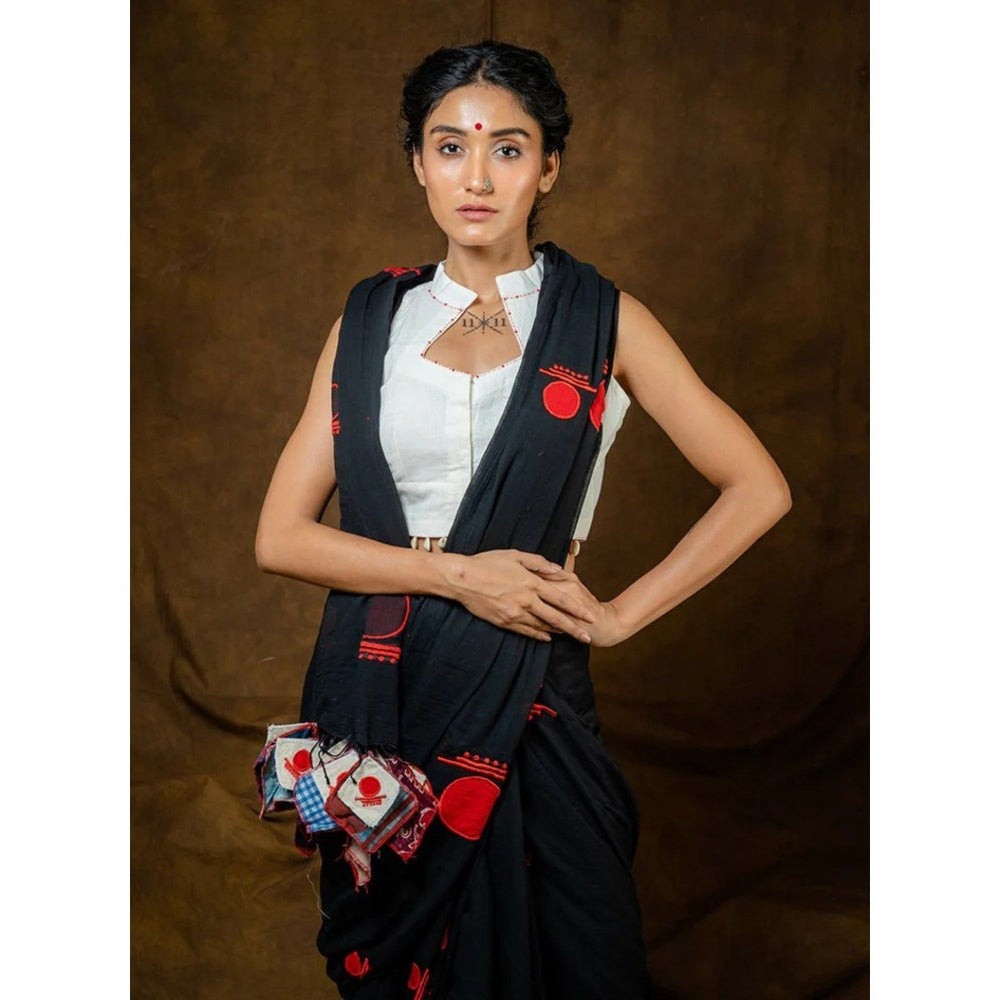 PRATHAA Black Bindi Saree with Unstitched Blouse - Linen