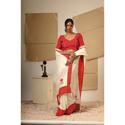 PRATHAA Off White Embroidery Bindi Saree with Unstitched Blouse - Linen