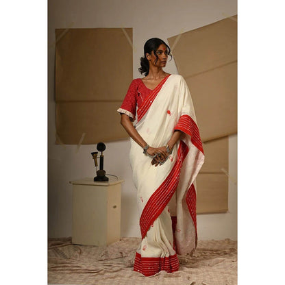 PRATHAA Off White Embroidery Bindi Saree with Unstitched Blouse - Mul