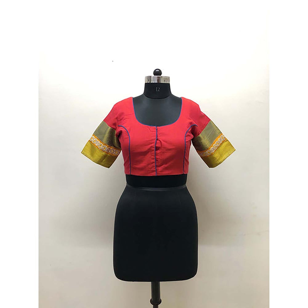 PRATHAA Red Stitched Blouse With Sleeve Border Handloom Cotton Stitched Blouse