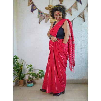 PRATHAA Red Khesh Skirt Saree with Unstitched Blouse