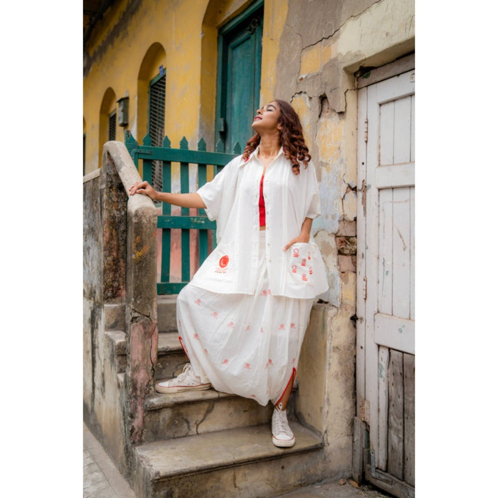 PRATHAA Women White Cotton Solid Kaftan Shirt with Dhoti