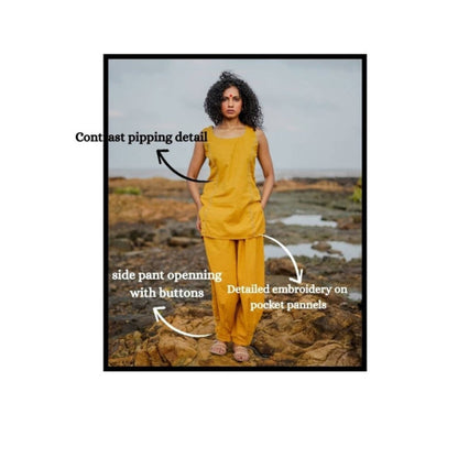 PRATHAA Women Yellow Cotton Solid Kurti with Pant