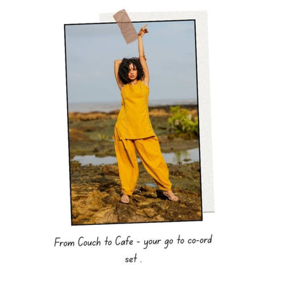 PRATHAA Women Yellow Cotton Solid Kurti with Pant