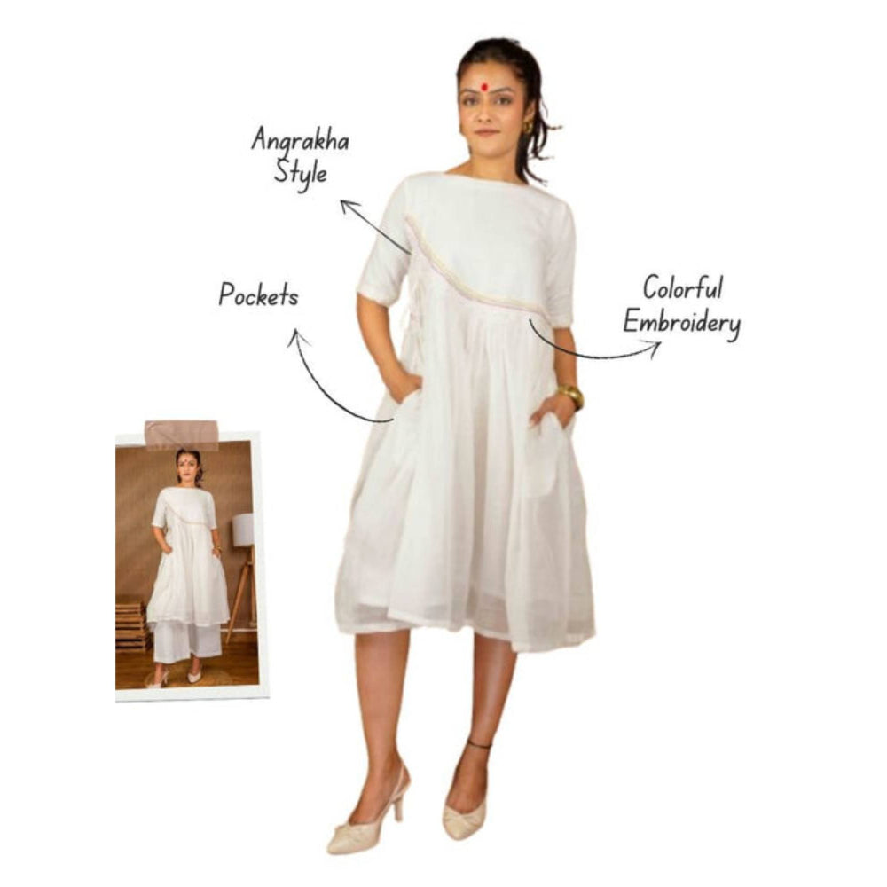 PRATHAA Women White Cotton Solid Kurta with Pant