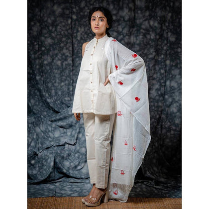 PRATHAA Women Beige Cotton Solid Kurti with Pant and Dupatta