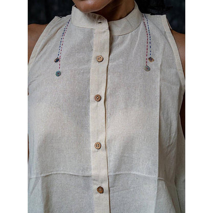 PRATHAA Women Beige Cotton Solid Kurti with Pant and Dupatta