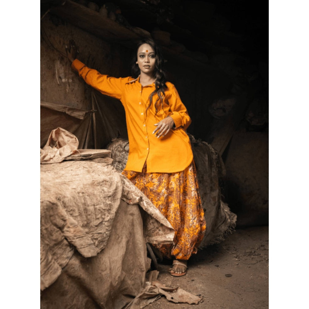 PRATHAA Women Orange Cotton Printed Shirt with Harem Pants