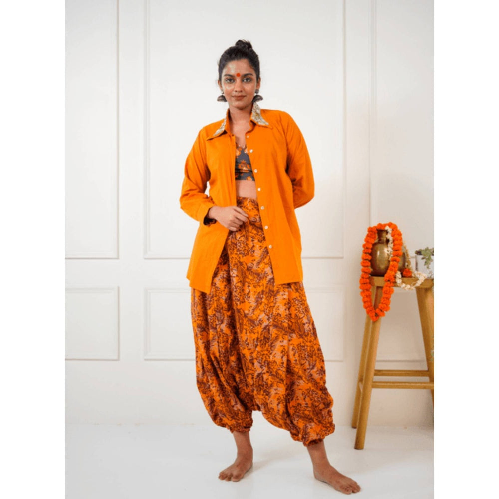 PRATHAA Women Orange Cotton Printed Shirt with Harem Pants