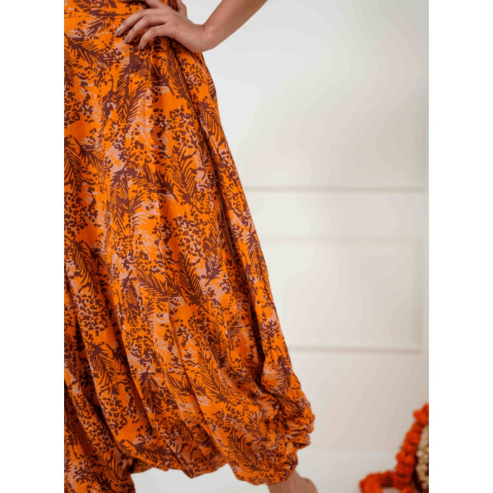 PRATHAA Women Orange Cotton Printed Shirt with Harem Pants