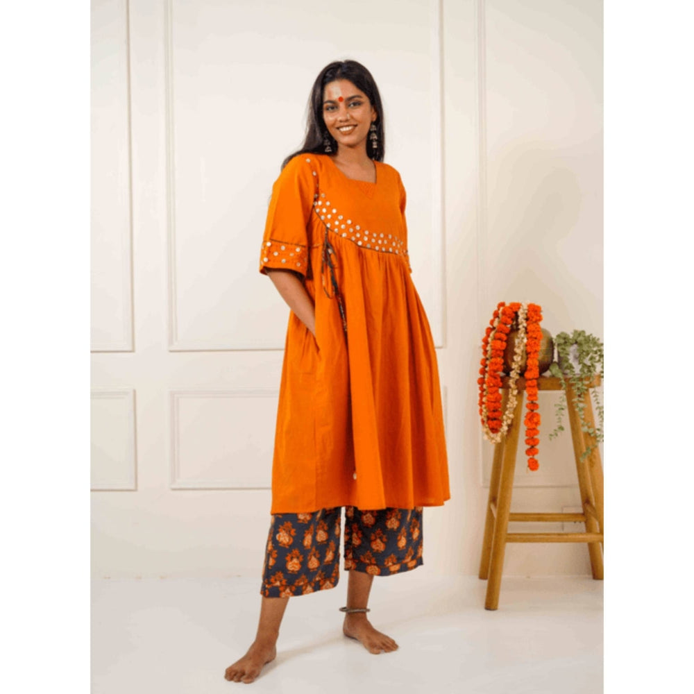 PRATHAA Women Orange Cotton Embroidered Tunic with Pant