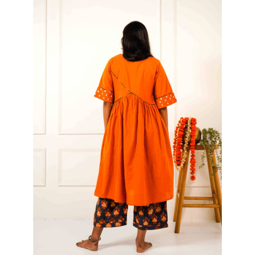 PRATHAA Women Orange Cotton Embroidered Tunic with Pant