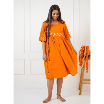 PRATHAA Women Orange Cotton Embroidered Tunic with Pant