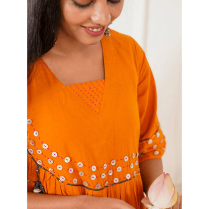 PRATHAA Women Orange Cotton Embroidered Tunic with Pant