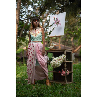 PRATHAA Set- In-Cut Blouse With Dhoti Drape Skirt - Snigdha