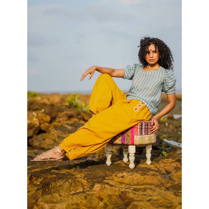 PRATHAA Udaan Co-Ord Set | Handloom Cotton Striped Top And Yellow Pants Set