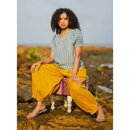 PRATHAA Udaan Co-Ord Set | Handloom Cotton Striped Top And Yellow Pants Set