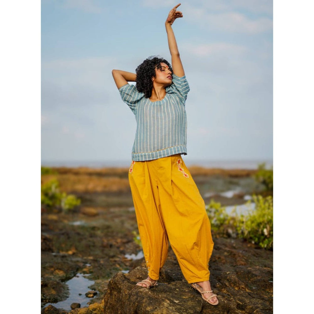 PRATHAA Udaan Co-Ord Set | Handloom Cotton Striped Top And Yellow Pants Set