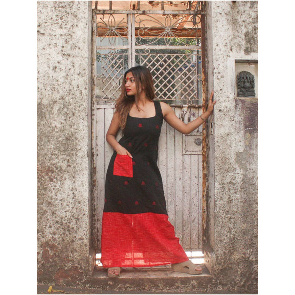 PRATHAA Black Straight Cut Racerback Maxi Dress In Jamdani Fabric
