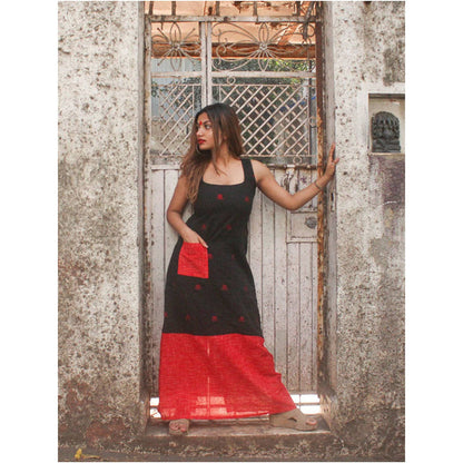 PRATHAA Black Straight Cut Racerback Maxi Dress In Jamdani Fabric