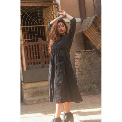 PRATHAA Black Mandarin Collared Midi Dress In Jamdani Fabric