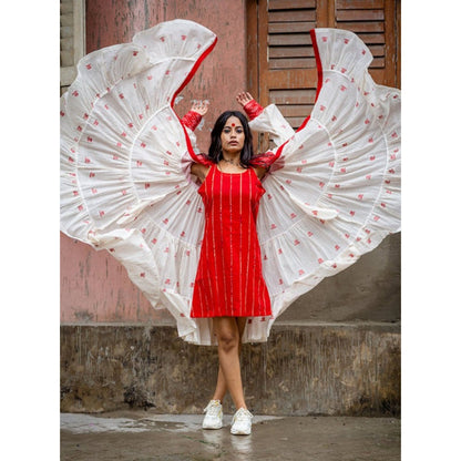 PRATHAA Debi Dress - Jamdani Three Tier Flare Dress with Red Shift Dress