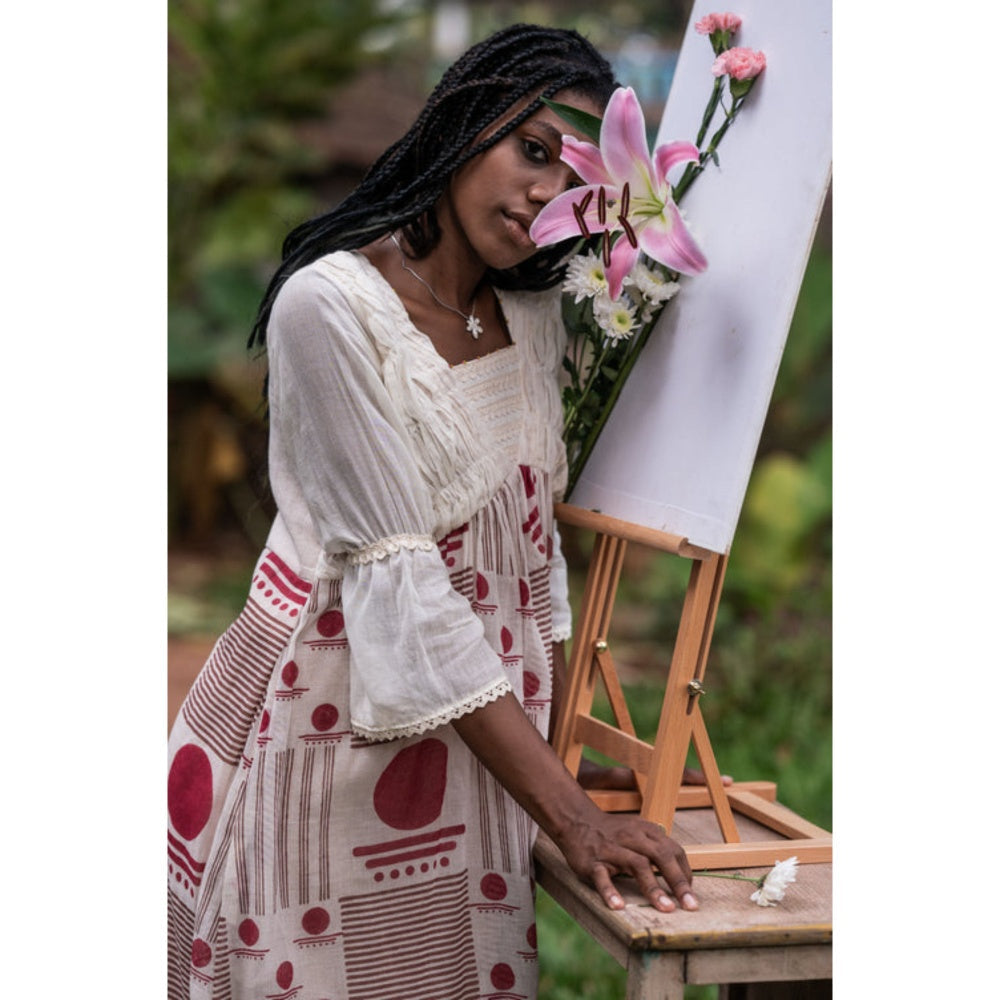 PRATHAA Beige Midi Dress- SNIGDHA