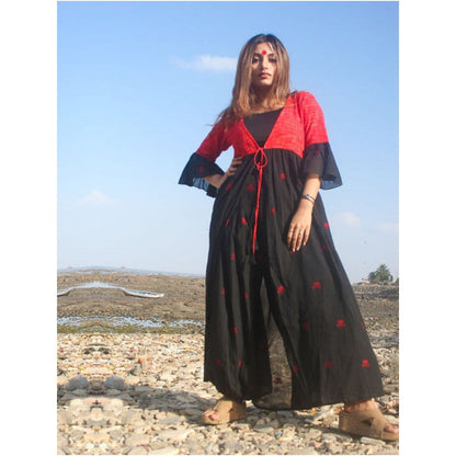 PRATHAA Black Cape Jacket With Flared Sleeves in Jamdani Fabric