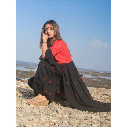 PRATHAA Black Cape Jacket With Flared Sleeves in Jamdani Fabric