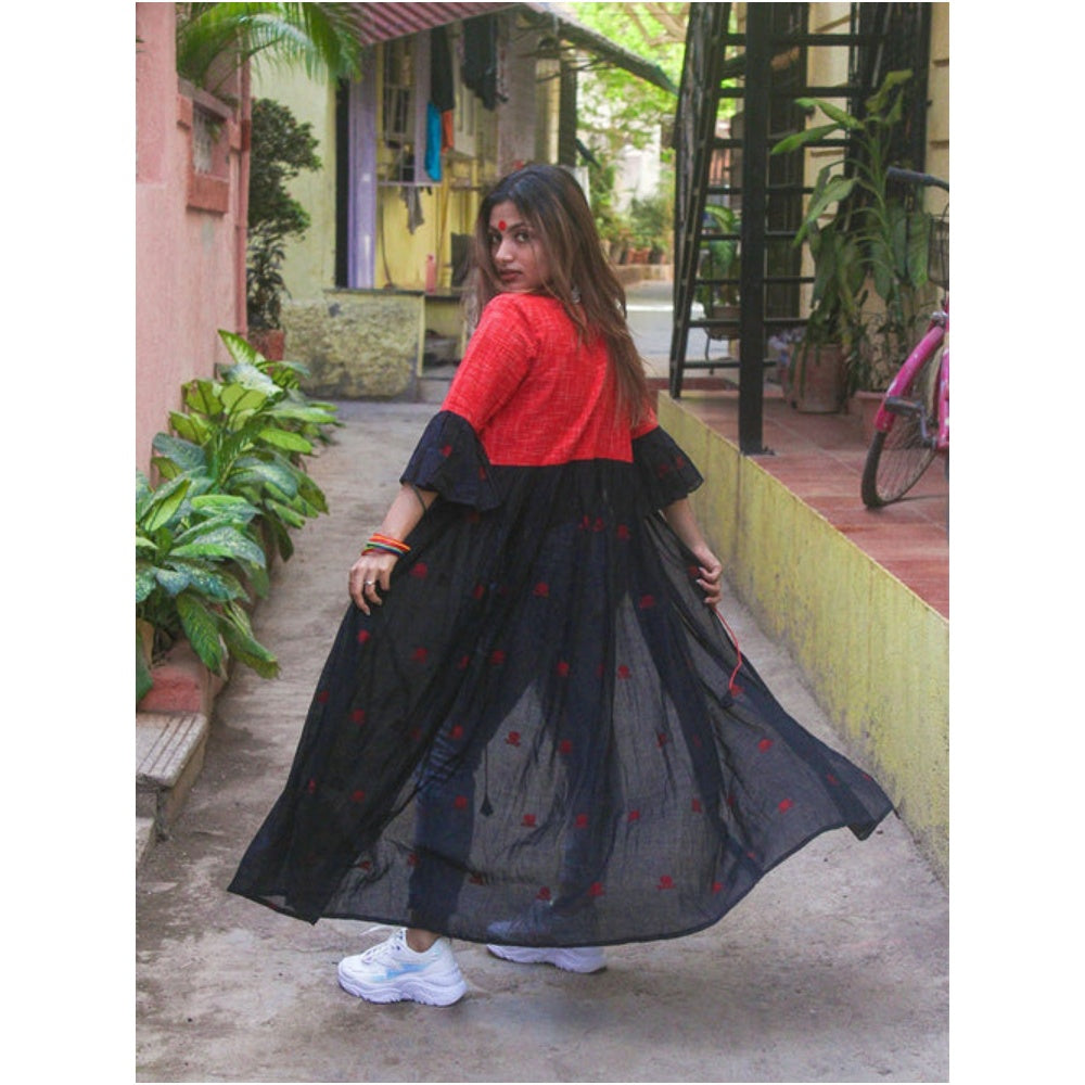 PRATHAA Black Cape Jacket With Flared Sleeves in Jamdani Fabric