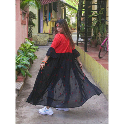 PRATHAA Black Cape Jacket With Flared Sleeves in Jamdani Fabric