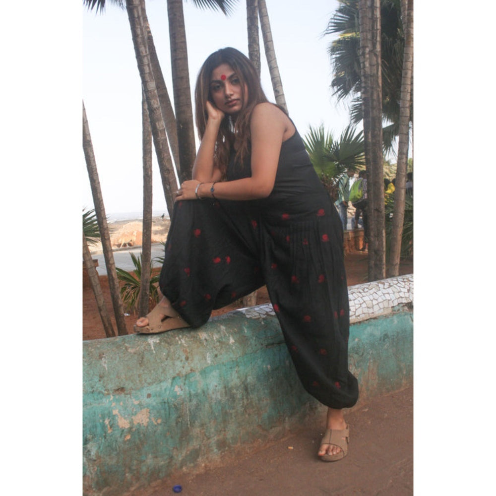 PRATHAA Black Flared Harem Pant in Jamdani Fabric