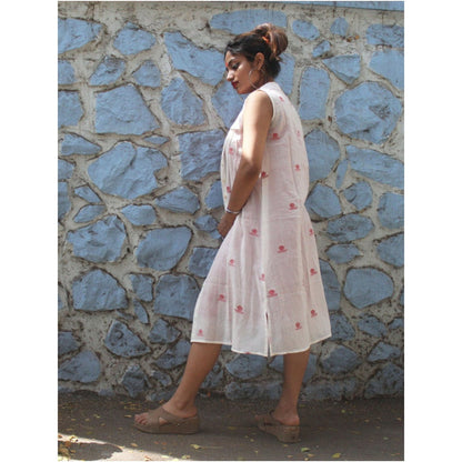 PRATHAA White Shirt Dress In Jamdani Fabric with Red Slip