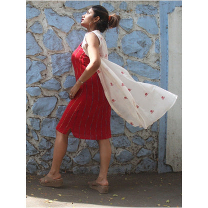 PRATHAA White Shirt Dress In Jamdani Fabric with Red Slip