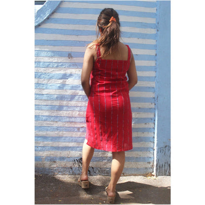 PRATHAA White Shirt Dress In Jamdani Fabric with Red Slip