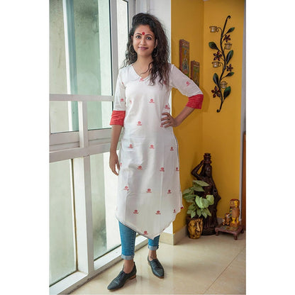 PRATHAA White Asymmetrical Tunic In Jamdani Fabric
