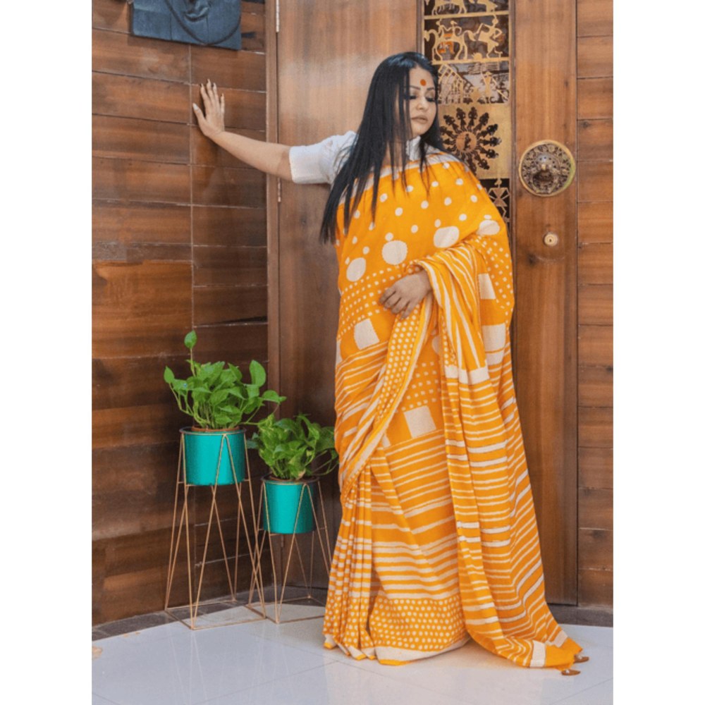 PRATHAA Agnika Hand Block Print Handloom Cotton Saree with Unstitched Blouse