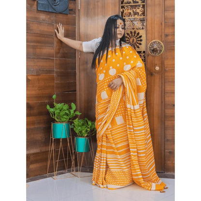 PRATHAA Agnika Hand Block Print Handloom Cotton Saree with Unstitched Blouse