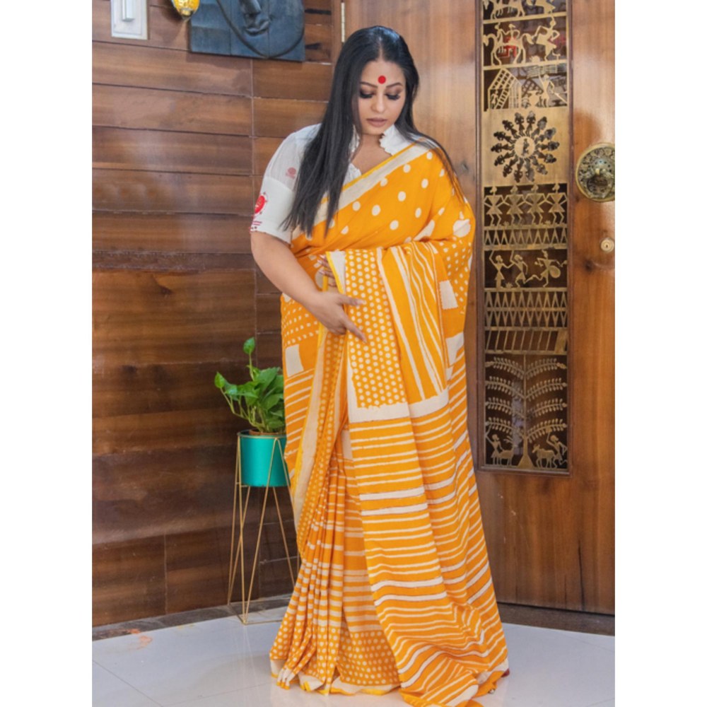 PRATHAA Agnika Hand Block Print Handloom Cotton Saree with Unstitched Blouse