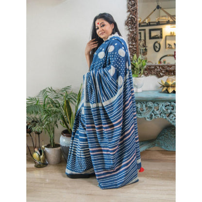 PRATHAA Neelanjali Hand Block Print Handloom Cotton Saree Without Blouse