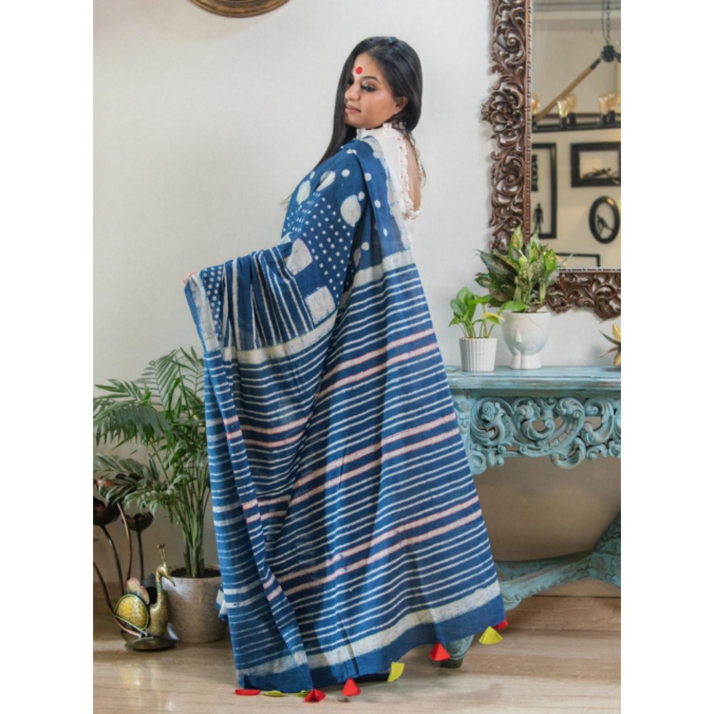 PRATHAA Neelanjali Hand Block Print Handloom Cotton Saree Without Blouse
